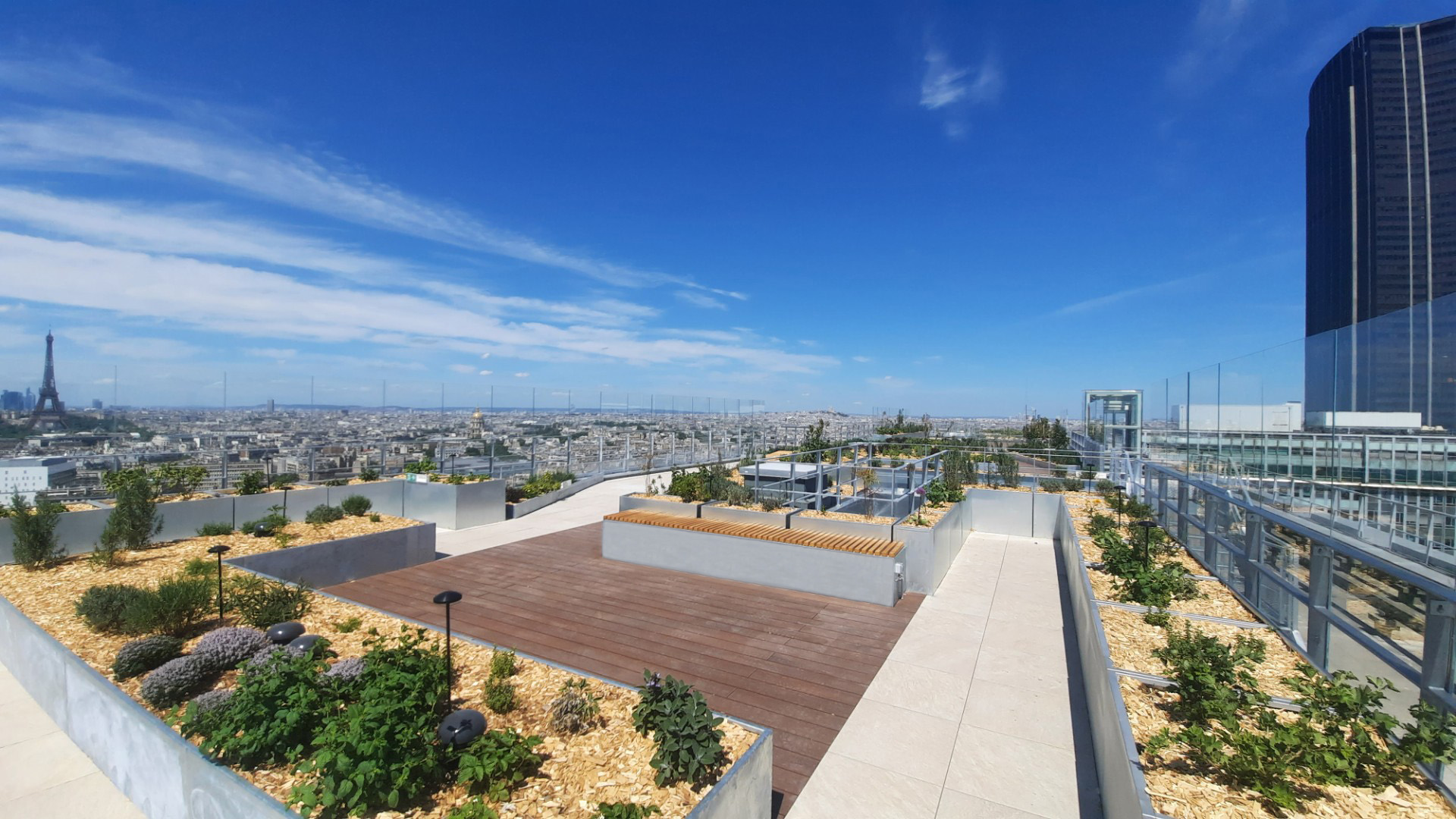 Jardinières, costières et garde-corps en acier galvanisé de fabrication Licce pour un aménagement paysager de terrasse végétalisée à Paris