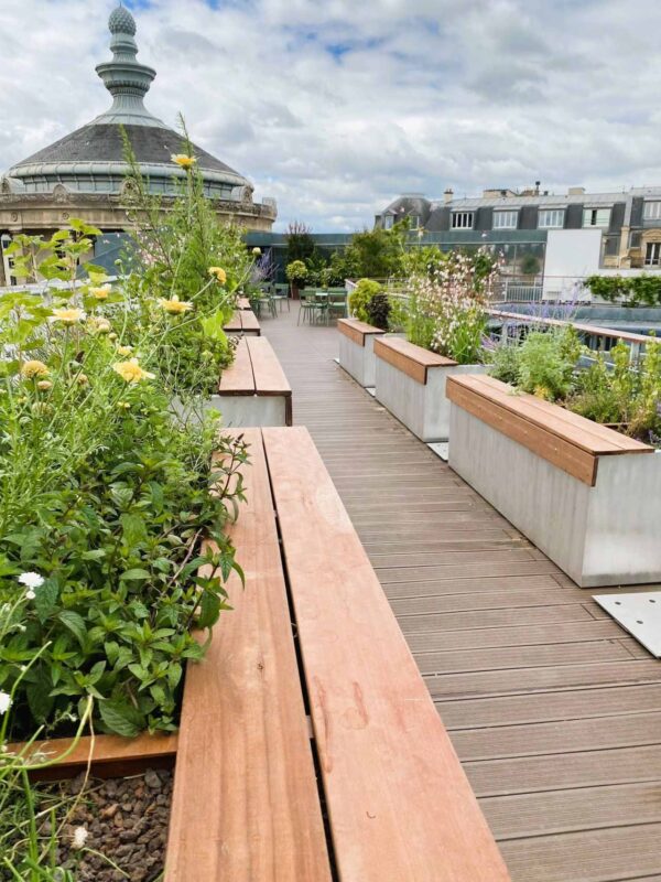 Jardinières en aluminium brossé avec assise en bois de fabrication Licce sur une terrasse/toiture végétalisée