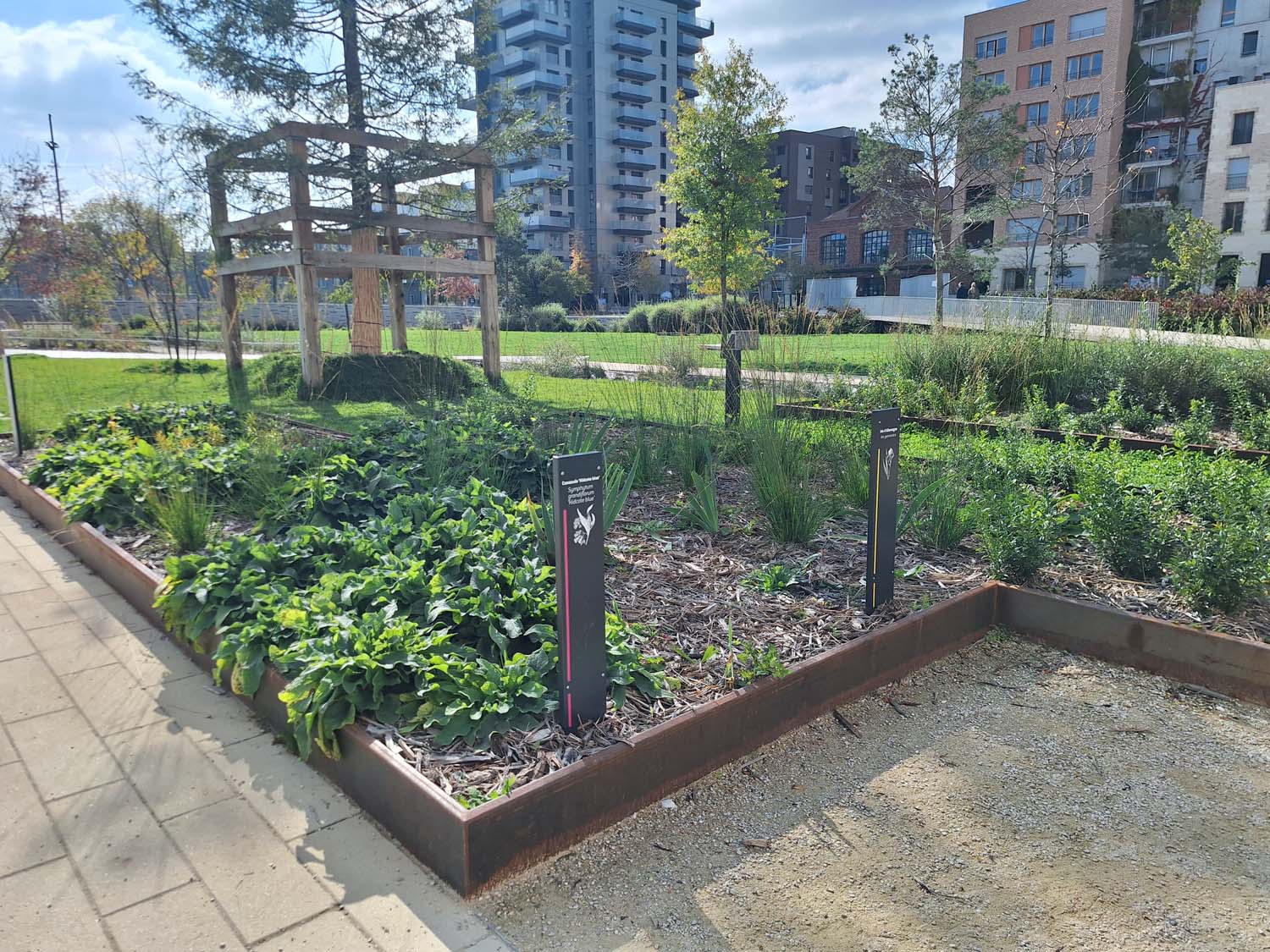 ZAC Parc d’Affaires à Asnières-sur-Seine - Aménagement d’espaces verts - Costières sur mesure en acier corten fabriquées par Licce