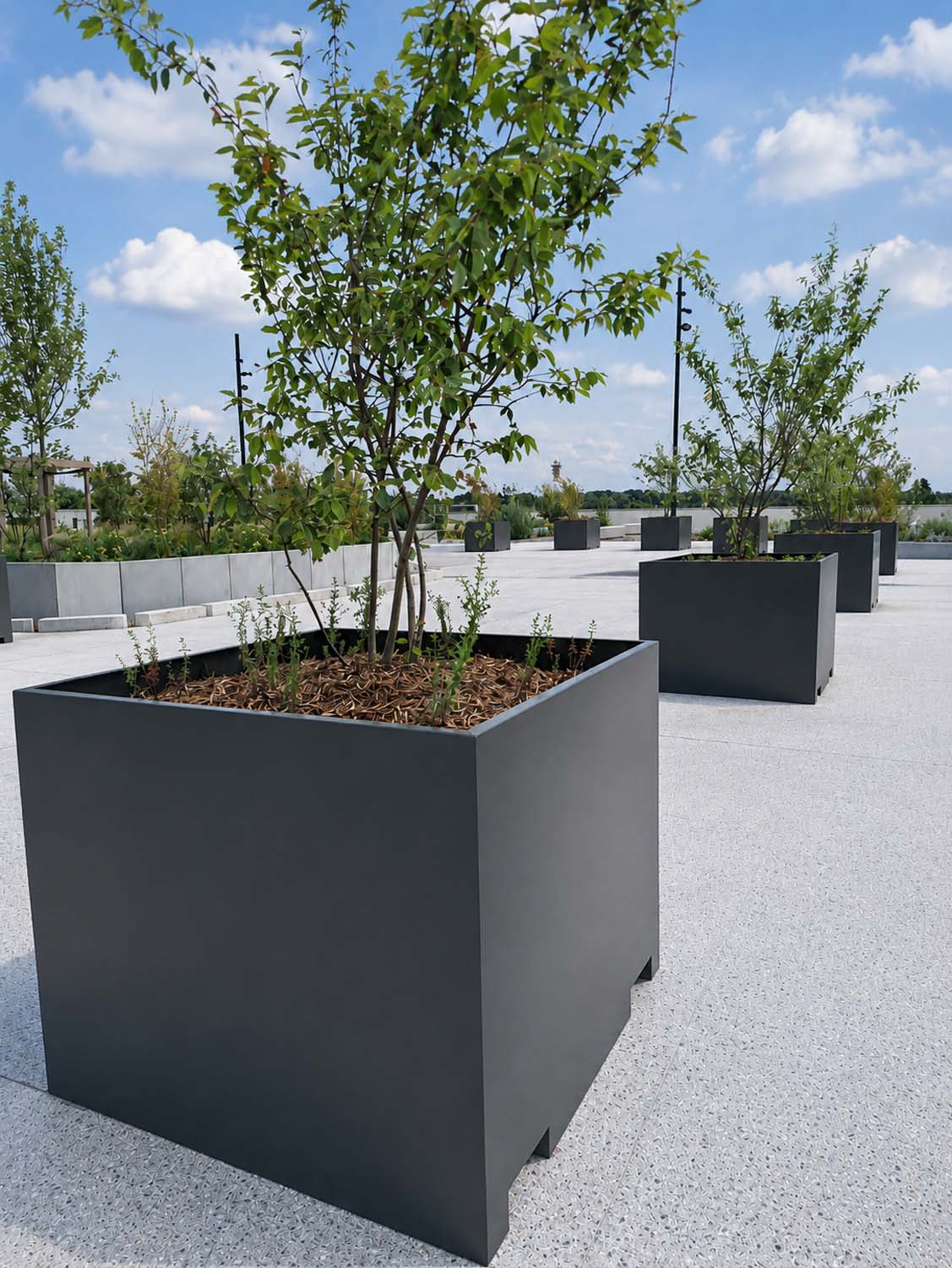 Gare Villiers – Champigny – Bry - Jardinières déplaçables fabriquées sur mesure par Licce - Finition en acier thermolaqué RAL 6014.
