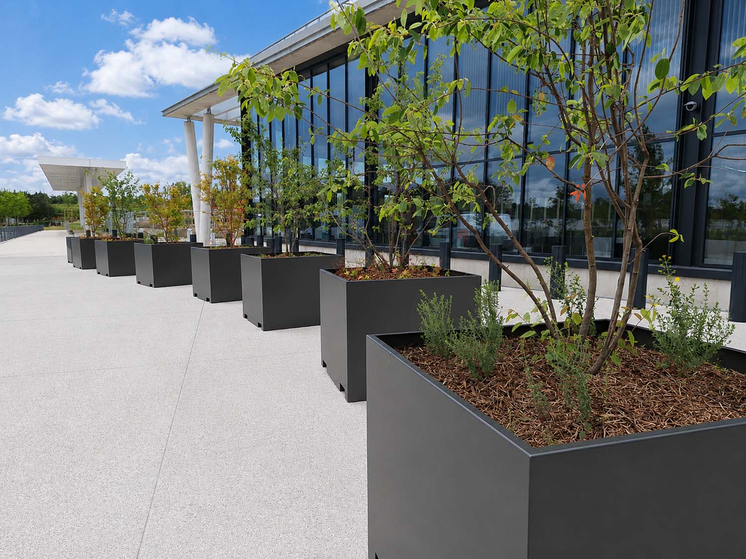 Gare Villiers – Champigny – Bry - Jardinières déplaçables fabriquées sur mesure par Licce - Finition en acier thermolaqué RAL 6014.